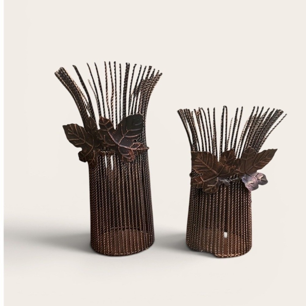 Rustic Bronze Metal Wire Leaf Pillar Candle Holder Set of 2 Farmhouse Decor